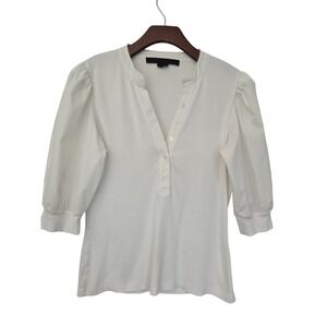 Veronica Beard Coralee Henley Puff Sleeve Ribbed Top Womens Small White